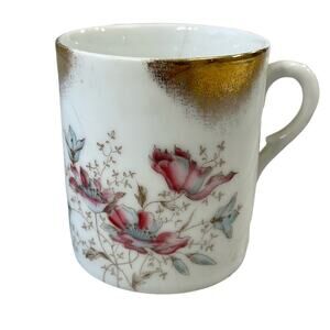 Vintage White Pink Floral Accent Gold Trim Coffee Tea Mug Cup Decor